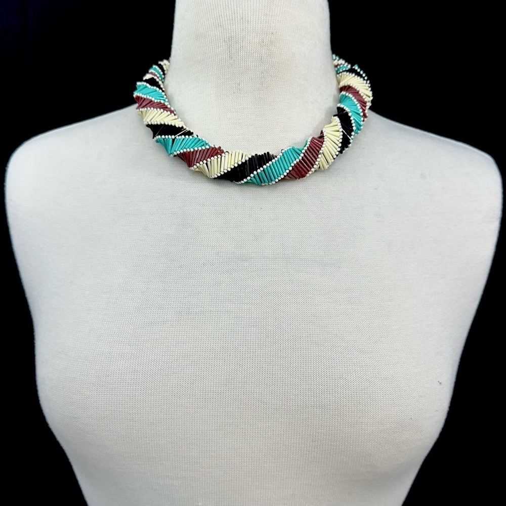 Spiral Twist Aqua Blue Brown Black Cream Beaded Necklace Earrings Set - Picture 3 of 3